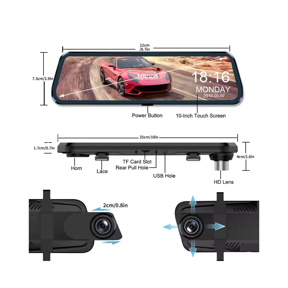 RoadFame Touchscreen Mirror Dash Cam – Full HD Front & Rear Camera
